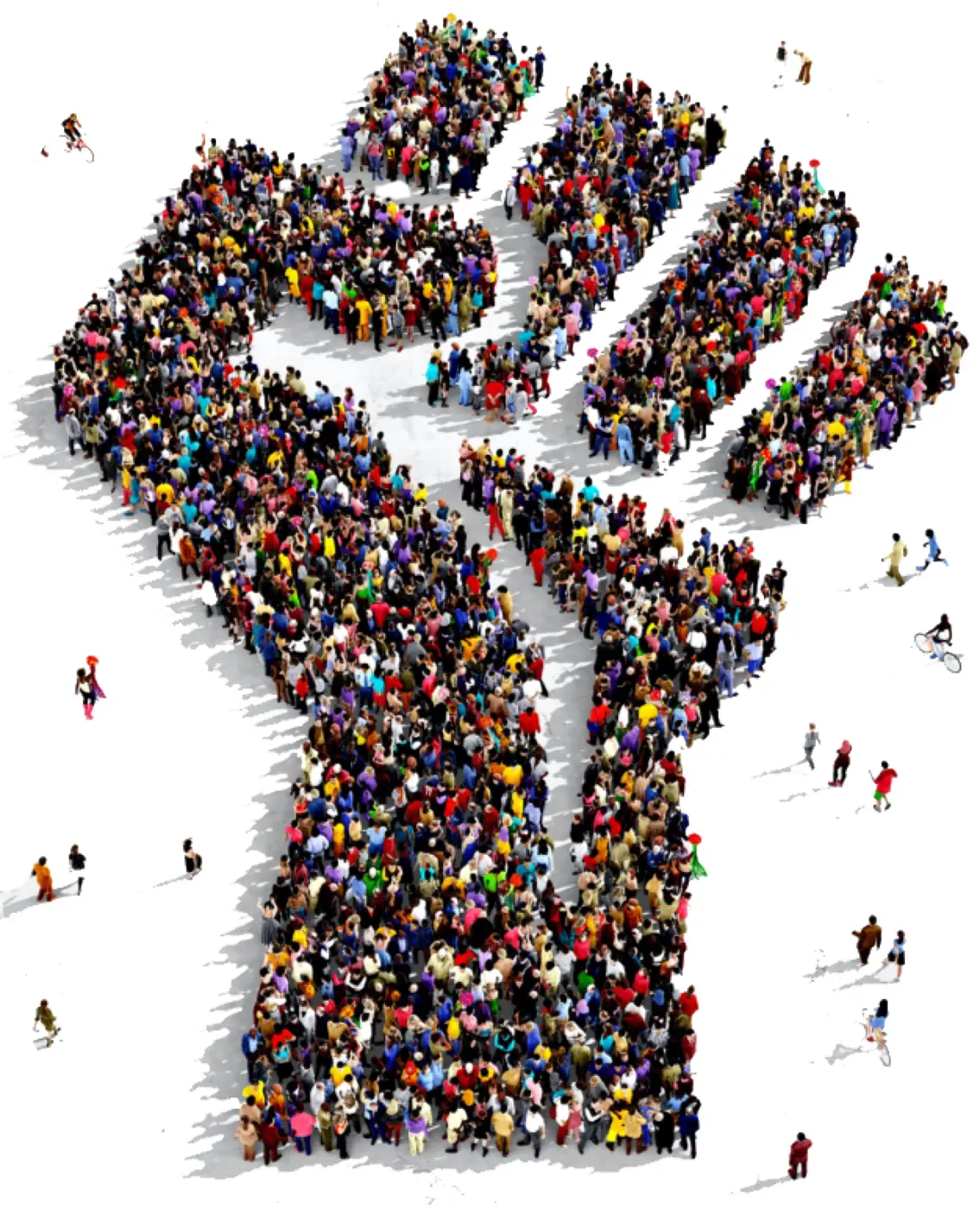 Sculpture of a hand made of people